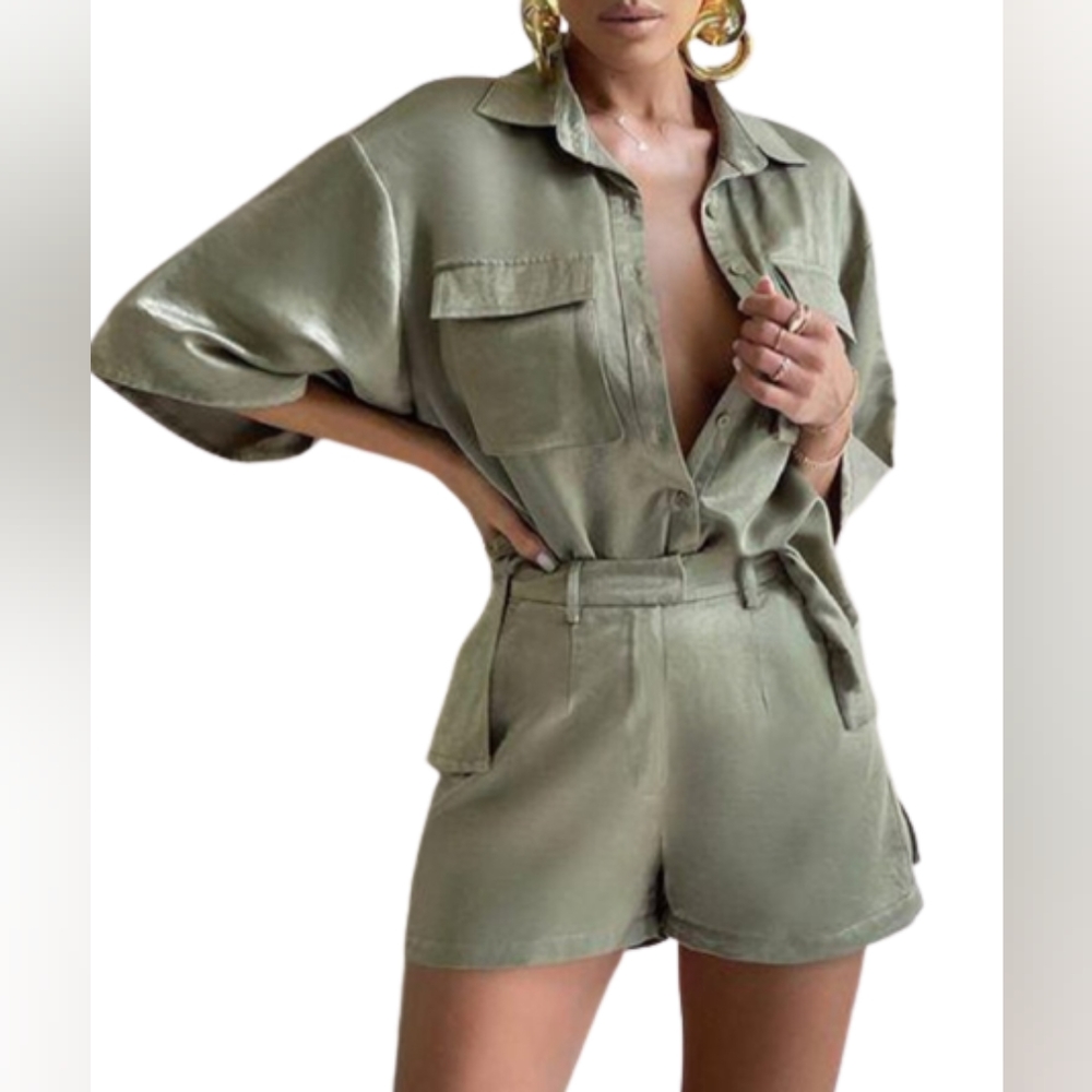 ChicMe Shorts Set Sage Button Down Fitted Women's